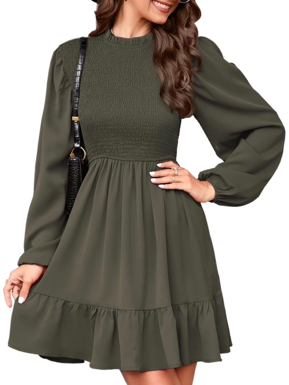 NWT Women’s Plus Smocked Army Green Long Sleeve Dress XXL 2X Koojooin